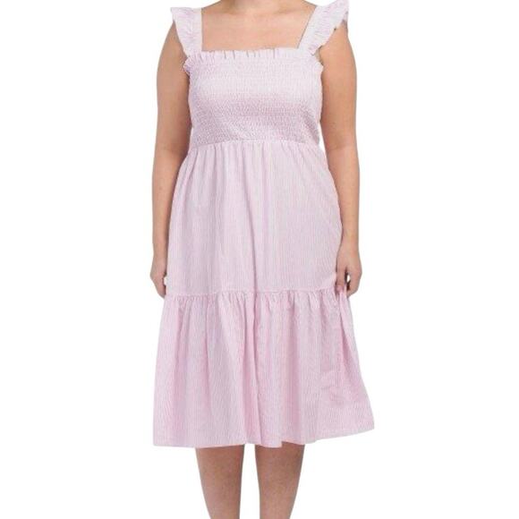 NWT Eloquii Pink Striped Smocked Ruffle Midi Dress – Size 18/20 Plus - Picture 4 of 10